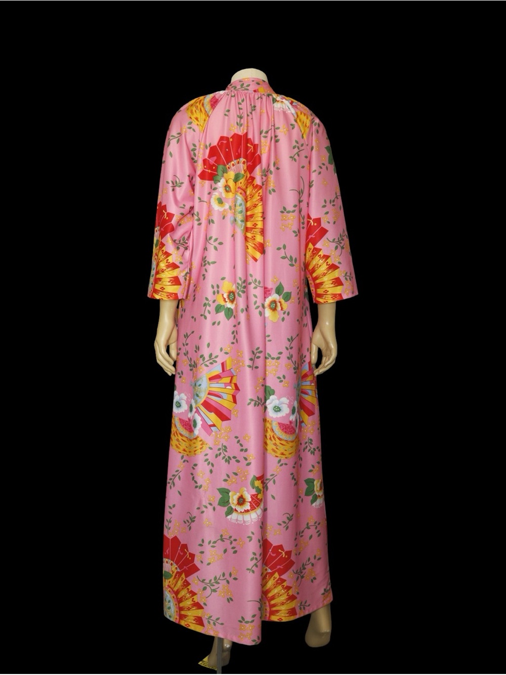 1970s Pink Japanese Fan Floral Housedress Maxi Robe Kaftan Tie Neck Vintage - Picture 9 of 14